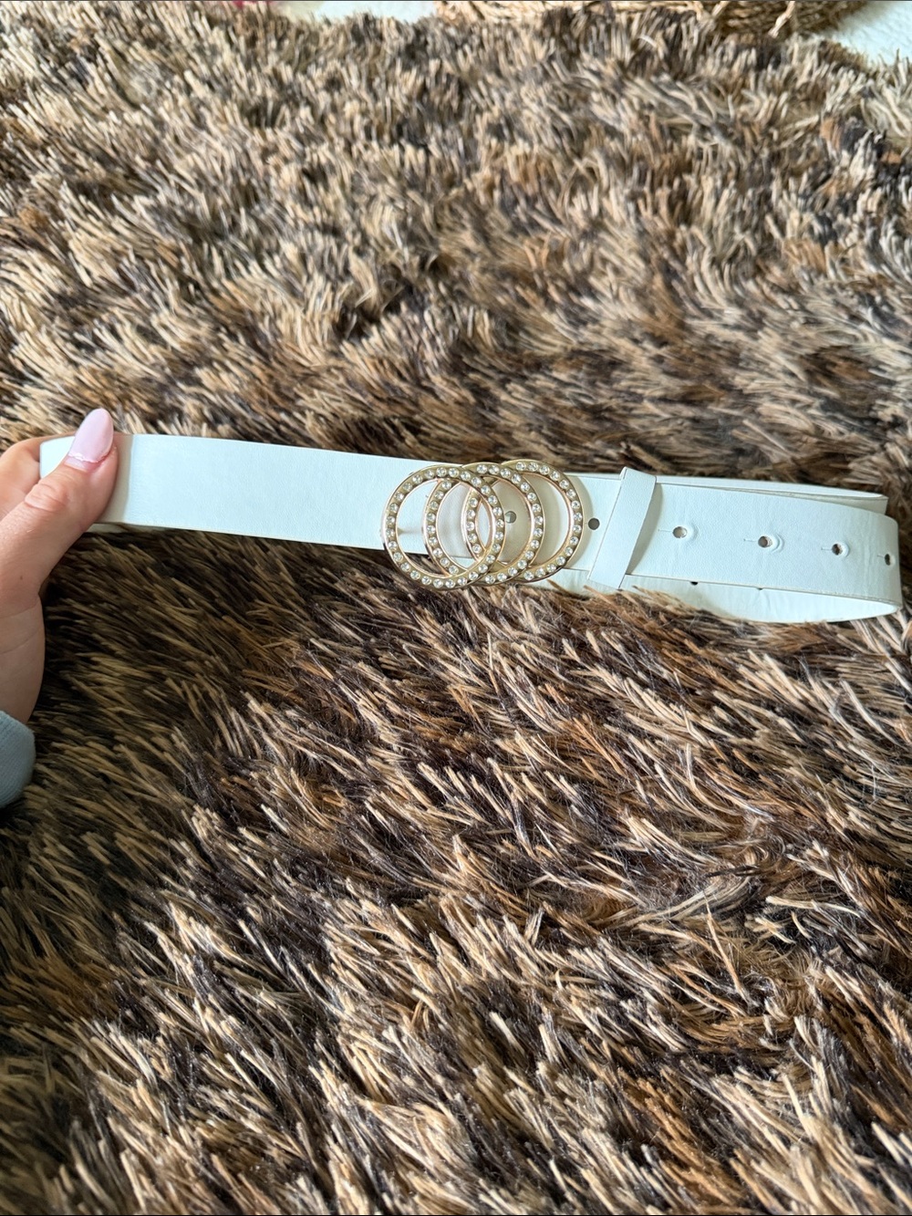 Amazon White Faux Leather Belt with Gold Rhinestone Triple-Loop Buckle